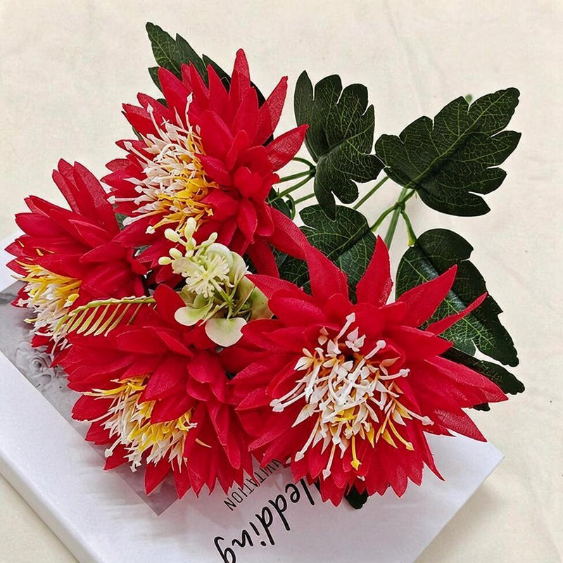 Artificial Chrysanthemum Bush with 5 Blooms, Faux Silk Fabric, Multi-Color Flowers for Home, Wedding & Window Display