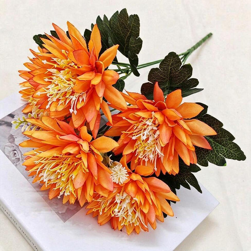 Artificial Chrysanthemum Bush with 5 Blooms, Faux Silk Fabric, Multi-Color Flowers for Home, Wedding & Window Display
