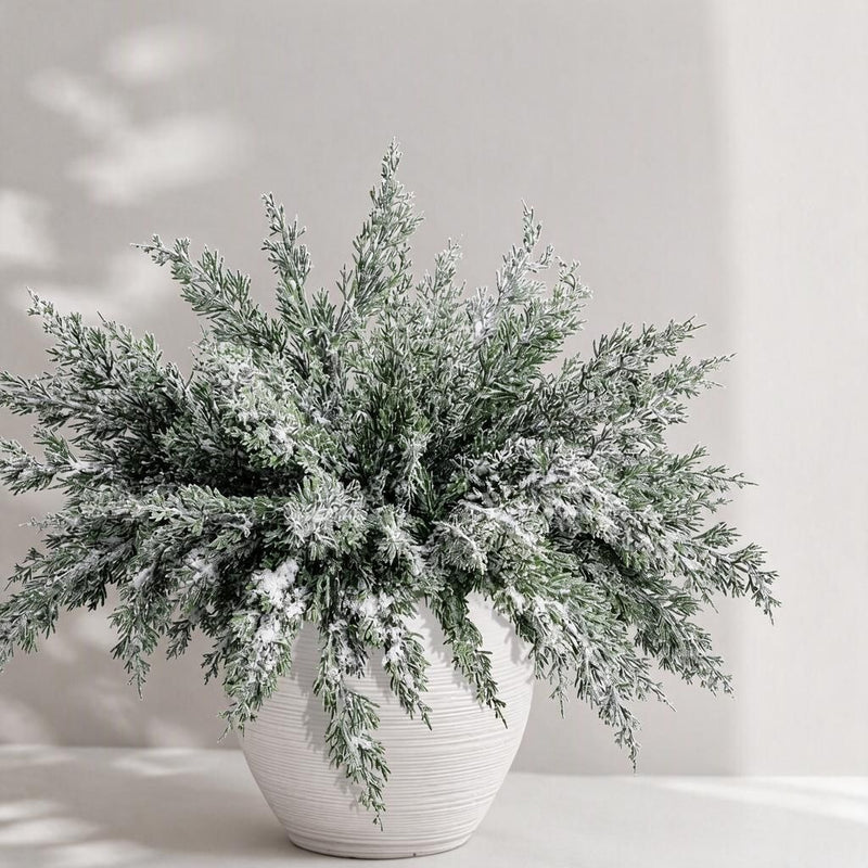 Artificial Cedar Bush Picks, Set of 6, Frosted Flocked Pine Needle Greenery, 18 in, Christmas & Winter Decor