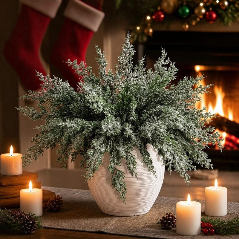 Artificial Cedar Bush Picks, Set of 6, Frosted Flocked Pine Needle Greenery, 18 in, Christmas & Winter Decor