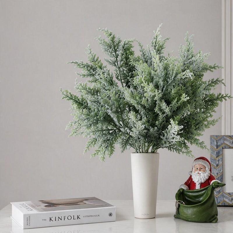 Artificial Cedar Bush Picks, Set of 6, Frosted Flocked Pine Needle Greenery, 18 in, Christmas & Winter Decor