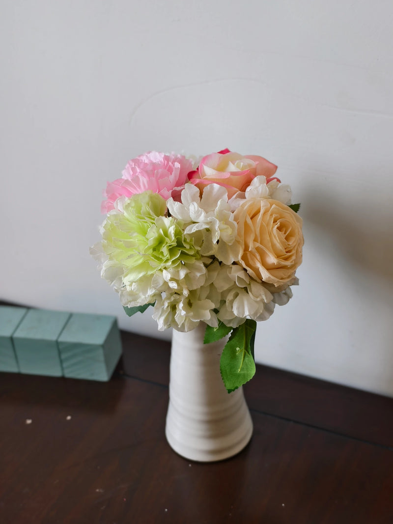 Artificial Rose, Carnation & Hydrangea Bouquet, 5 Blooms, Faux Silk Burnt-Edge Flowers, Wedding & Home Decor