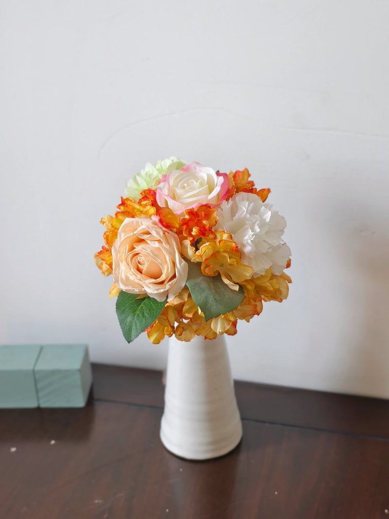 Artificial Rose, Carnation & Hydrangea Bouquet, 5 Blooms, Faux Silk Burnt-Edge Flowers, Wedding & Home Decor