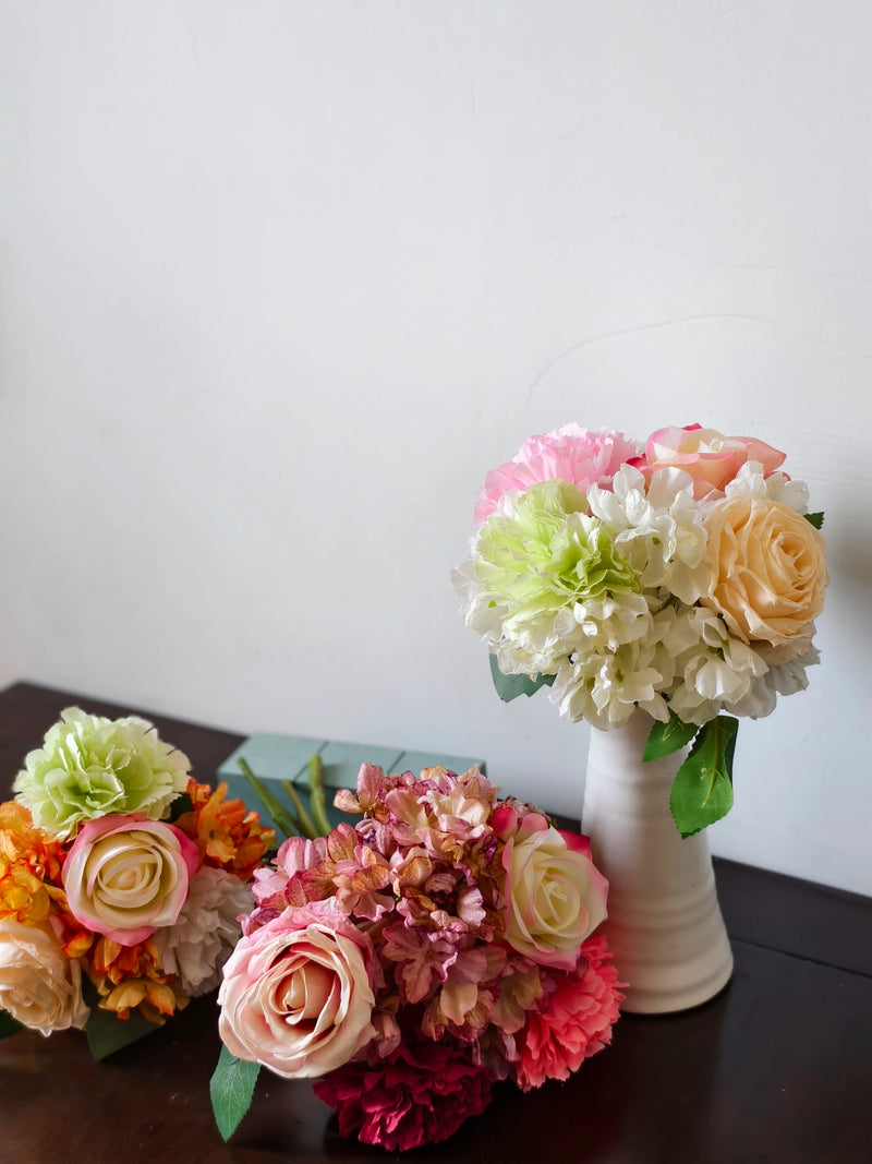 Artificial Rose, Carnation & Hydrangea Bouquet, 5 Blooms, Faux Silk Burnt-Edge Flowers, Wedding & Home Decor