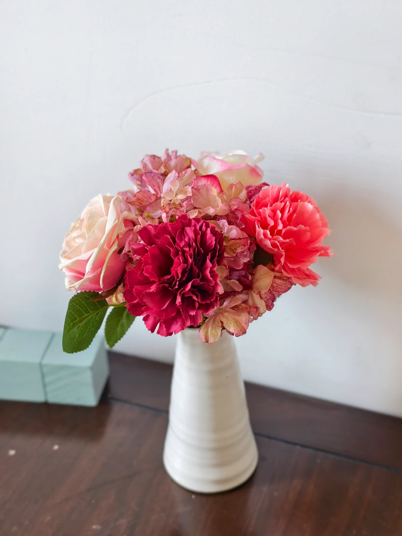 Artificial Rose, Carnation & Hydrangea Bouquet, 5 Blooms, Faux Silk Burnt-Edge Flowers, Wedding & Home Decor