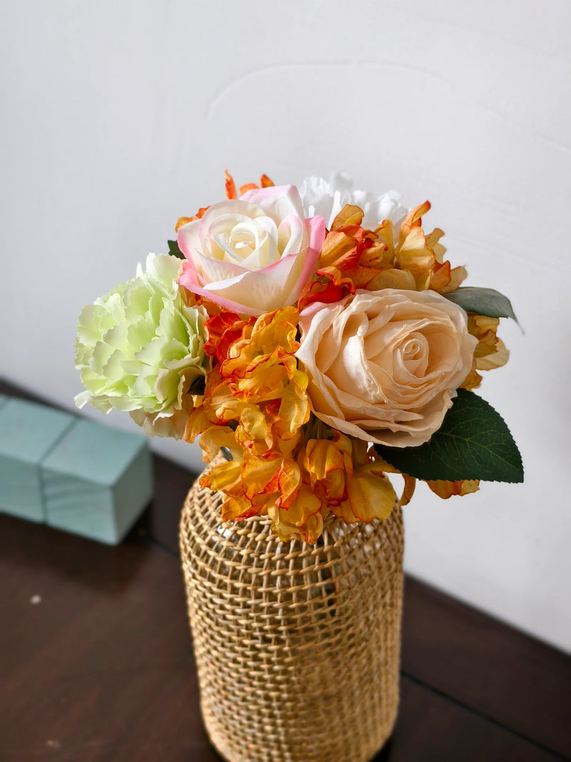 Artificial Rose, Carnation & Hydrangea Bouquet, 5 Blooms, Faux Silk Burnt-Edge Flowers, Wedding & Home Decor