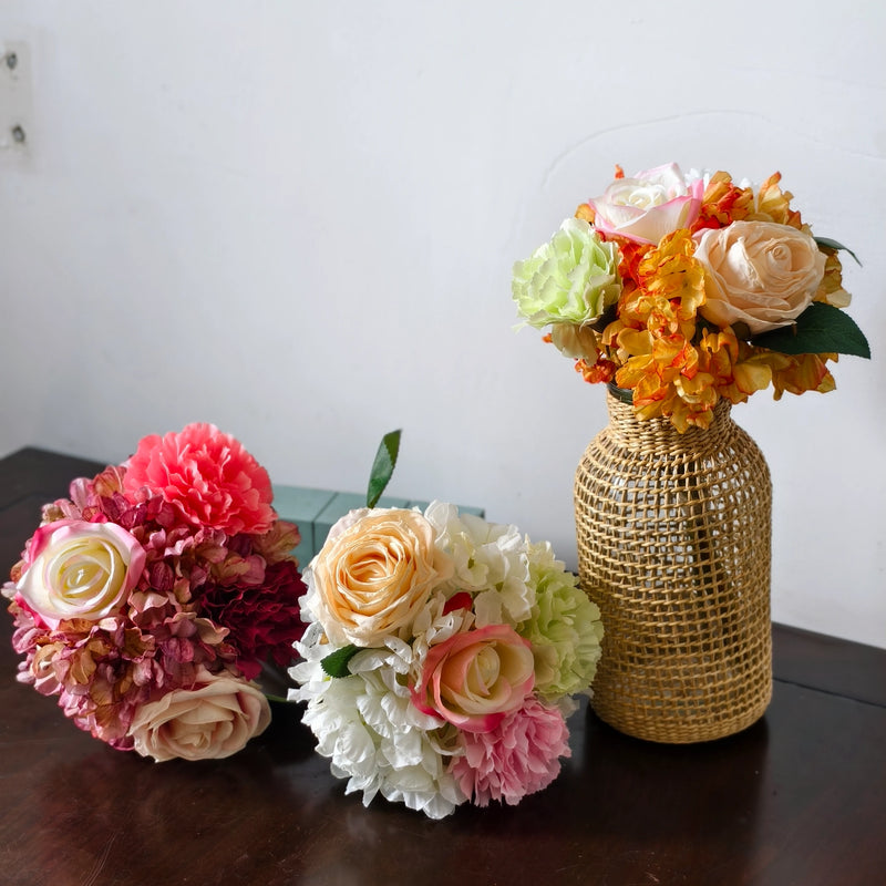 Artificial Rose, Carnation & Hydrangea Bouquet, 5 Blooms, Faux Silk Burnt-Edge Flowers, Wedding & Home Decor
