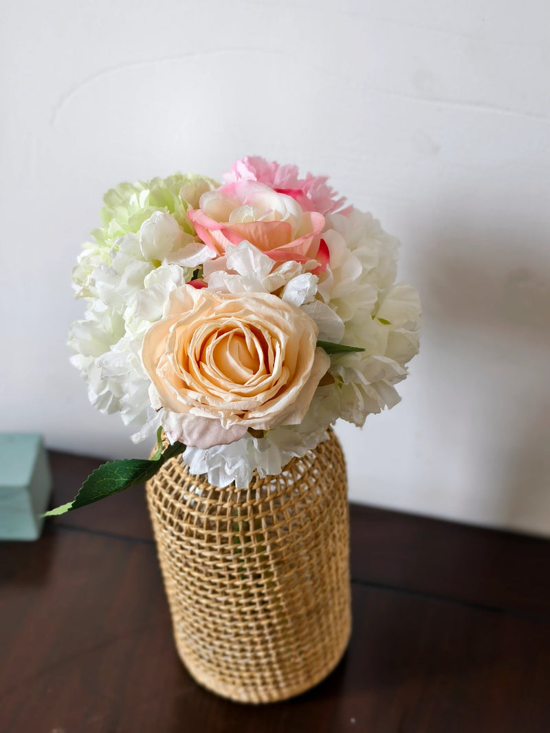 Artificial Rose, Carnation & Hydrangea Bouquet, 5 Blooms, Faux Silk Burnt-Edge Flowers, Wedding & Home Decor
