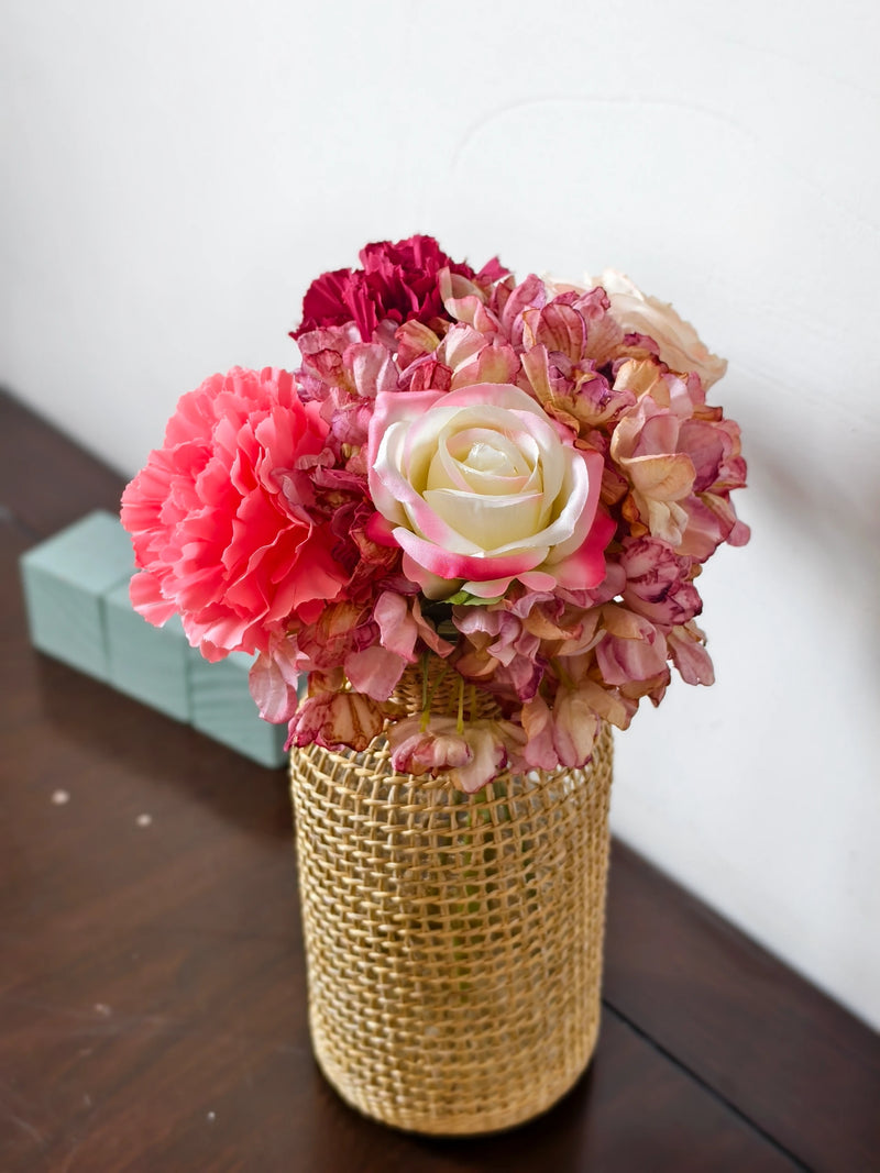 Artificial Rose, Carnation & Hydrangea Bouquet, 5 Blooms, Faux Silk Burnt-Edge Flowers, Wedding & Home Decor