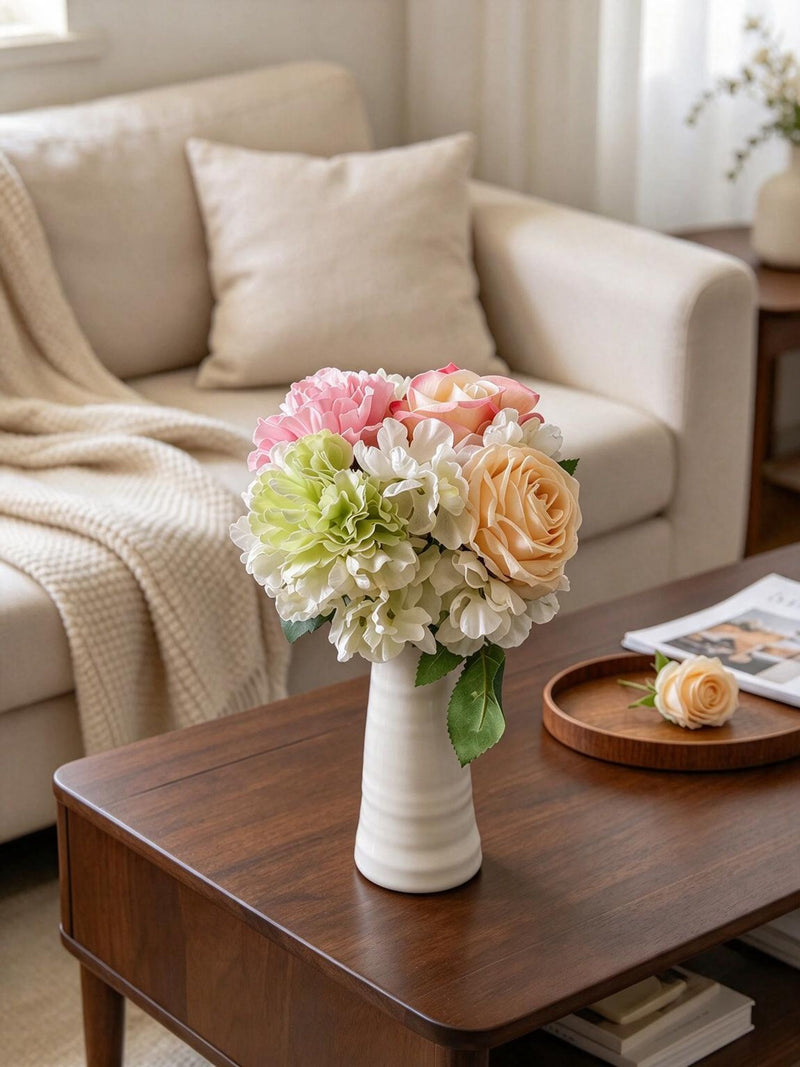 Artificial Rose, Carnation & Hydrangea Bouquet, 5 Blooms, Faux Silk Burnt-Edge Flowers, Wedding & Home Decor