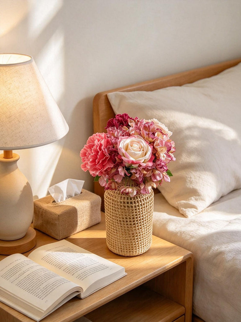 Artificial Rose, Carnation & Hydrangea Bouquet, 5 Blooms, Faux Silk Burnt-Edge Flowers, Wedding & Home Decor