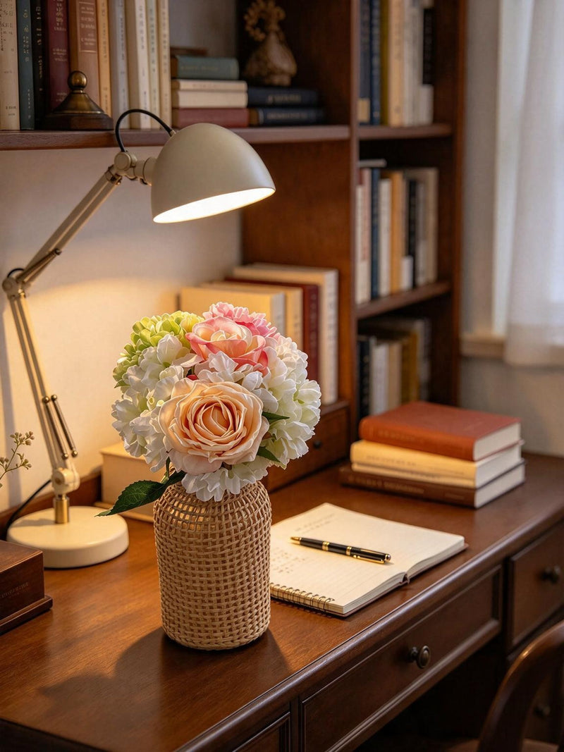 Artificial Rose, Carnation & Hydrangea Bouquet, 5 Blooms, Faux Silk Burnt-Edge Flowers, Wedding & Home Decor
