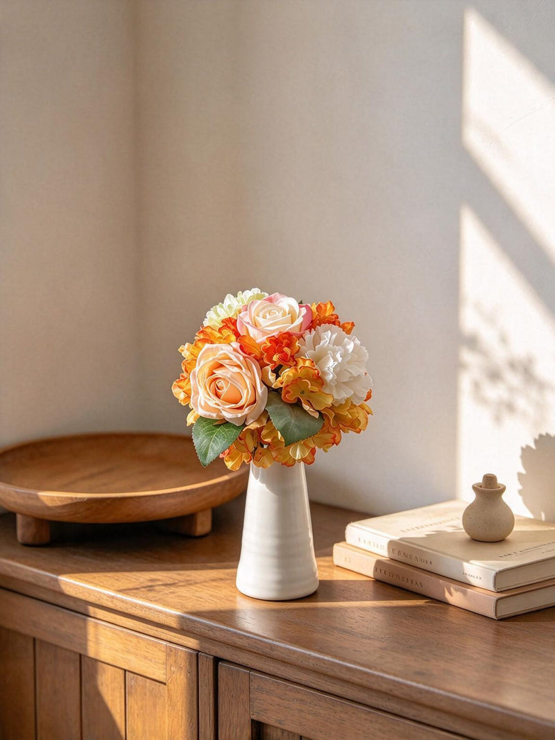 Artificial Rose, Carnation & Hydrangea Bouquet, 5 Blooms, Faux Silk Burnt-Edge Flowers, Wedding & Home Decor
