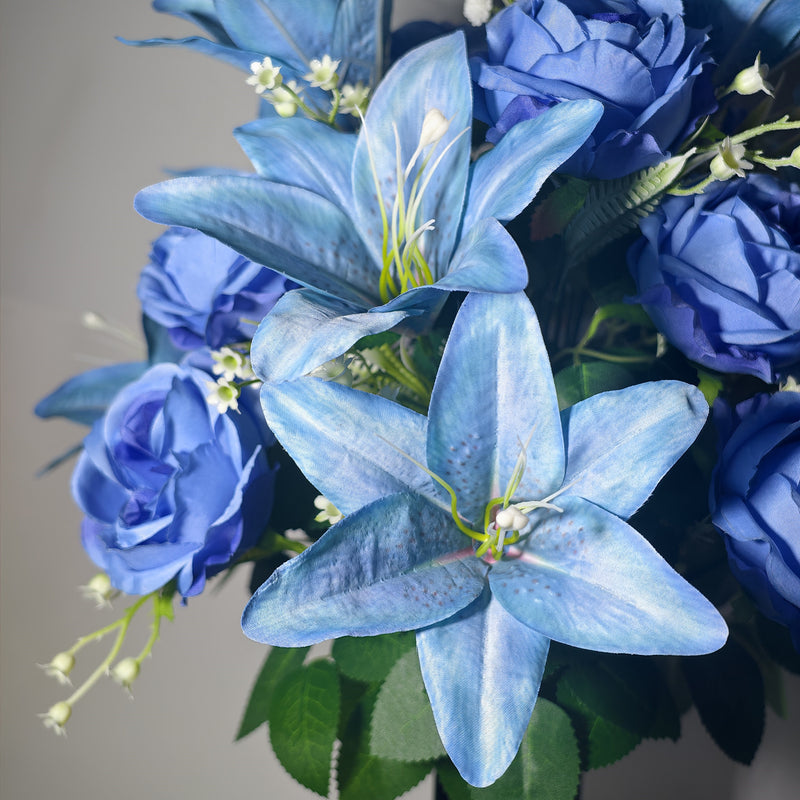 Artificial Lily, Rose & Baby's Breath Bush with 24 Blooms, Ombre Vintage Blue Faux Silk, Grave Vase Included, Cemetery Flowers
