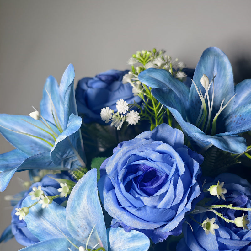 Artificial Lily, Rose & Baby's Breath Bush with 24 Blooms, Ombre Vintage Blue Faux Silk, Grave Vase Included, Cemetery Flowers