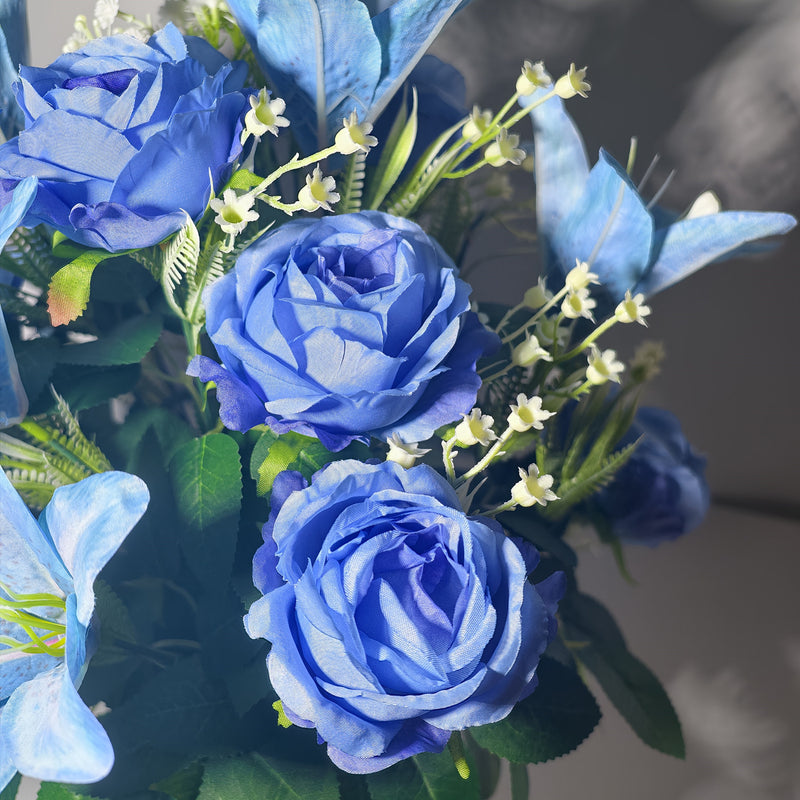 Artificial Lily, Rose & Baby's Breath Bush with 24 Blooms, Ombre Vintage Blue Faux Silk, Grave Vase Included, Cemetery Flowers