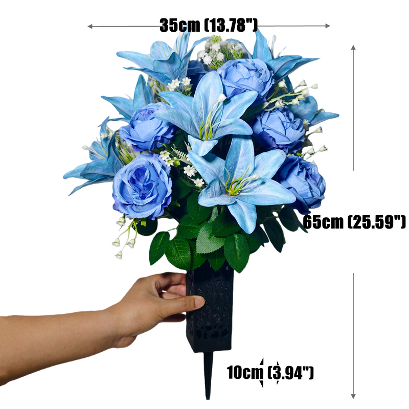 Artificial Lily, Rose & Baby's Breath Bush with 24 Blooms, Ombre Vintage Blue Faux Silk, Grave Vase Included, Cemetery Flowers