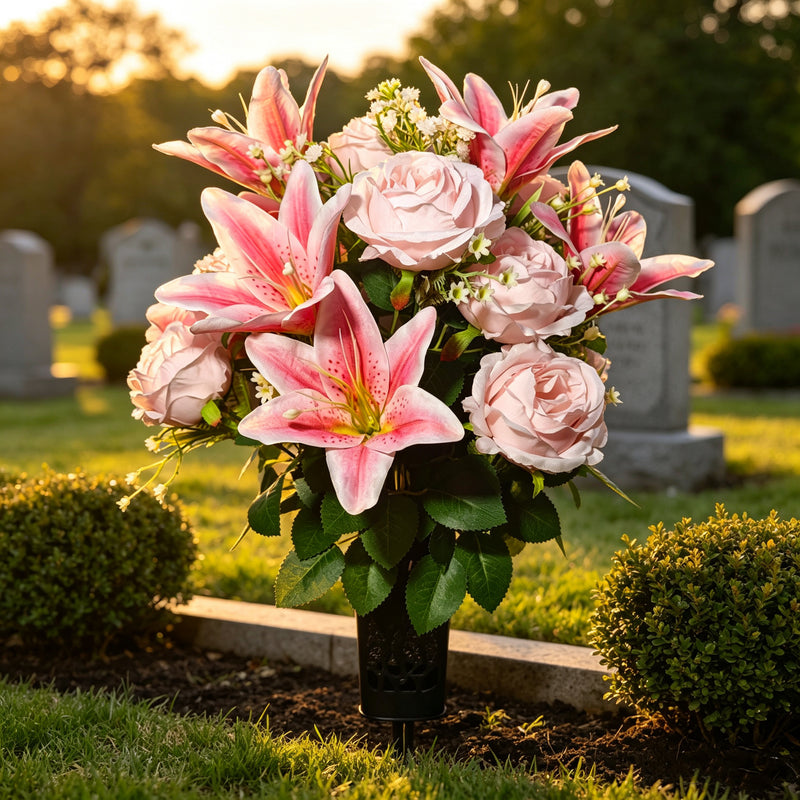 Artificial Lily, Rose & Baby's Breath Bush, 24-Bloom Pink Ombre Cemetery Bouquet with Grave Vase Insert, Outdoor Memorial Flowers
