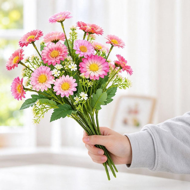 Artificial Daisy Bush, Faux Silk Chamomile Flowers, Bendable Stem, for Weddings, Home Decor & Display Windows