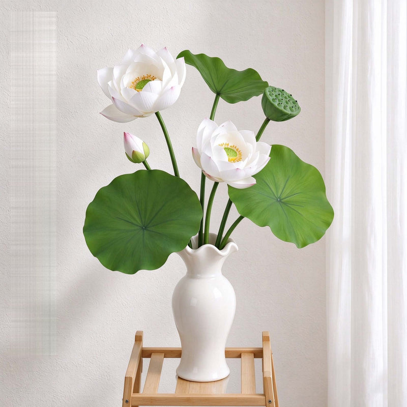 Artificial Lotus Flower Bush, 3-Bloom PU Lotus with Leaves & Seed Pod, for Wedding, Tea Room & Home Decor