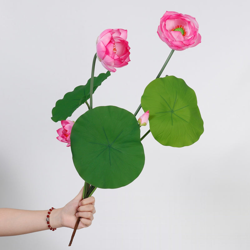 Artificial Lotus Flower Bush, 3-Bloom PU Lotus with Leaves & Seed Pod, for Wedding, Tea Room & Home Decor