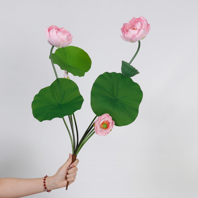 Artificial Lotus Flower Bush, 3-Bloom PU Lotus with Leaves & Seed Pod, for Wedding, Tea Room & Home Decor