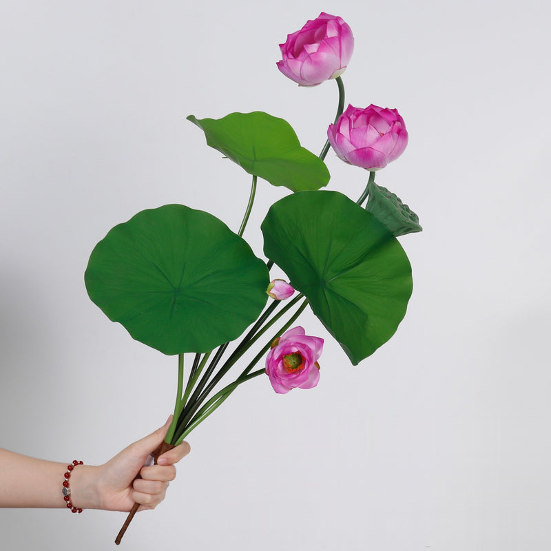 Artificial Lotus Flower Bush, 3-Bloom PU Lotus with Leaves & Seed Pod, for Wedding, Tea Room & Home Decor