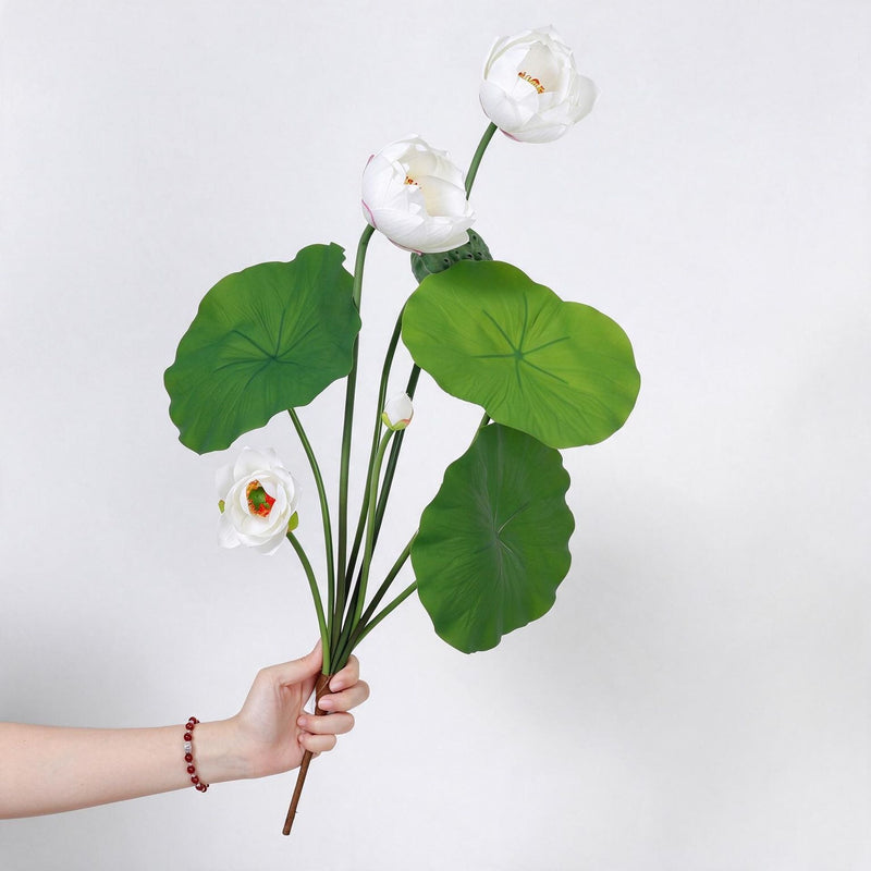 Artificial Lotus Flower Bush, 3-Bloom PU Lotus with Leaves & Seed Pod, for Wedding, Tea Room & Home Decor