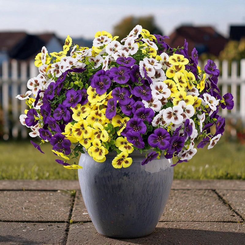 Artificial Pansy Bush Set of 4 with Eucalyptus, 14 Branches Each, Faux Silk Fabric, Home, Outdoor & Wedding Decor