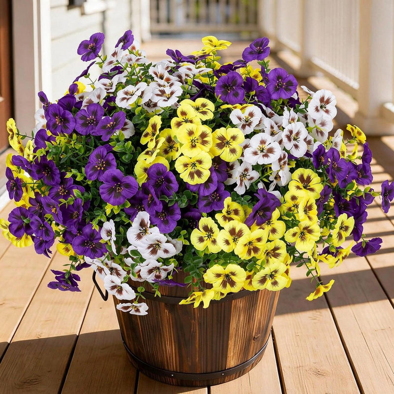 Artificial Pansy Bush Set of 4 with Eucalyptus, 14 Branches Each, Faux Silk Fabric, Home, Outdoor & Wedding Decor