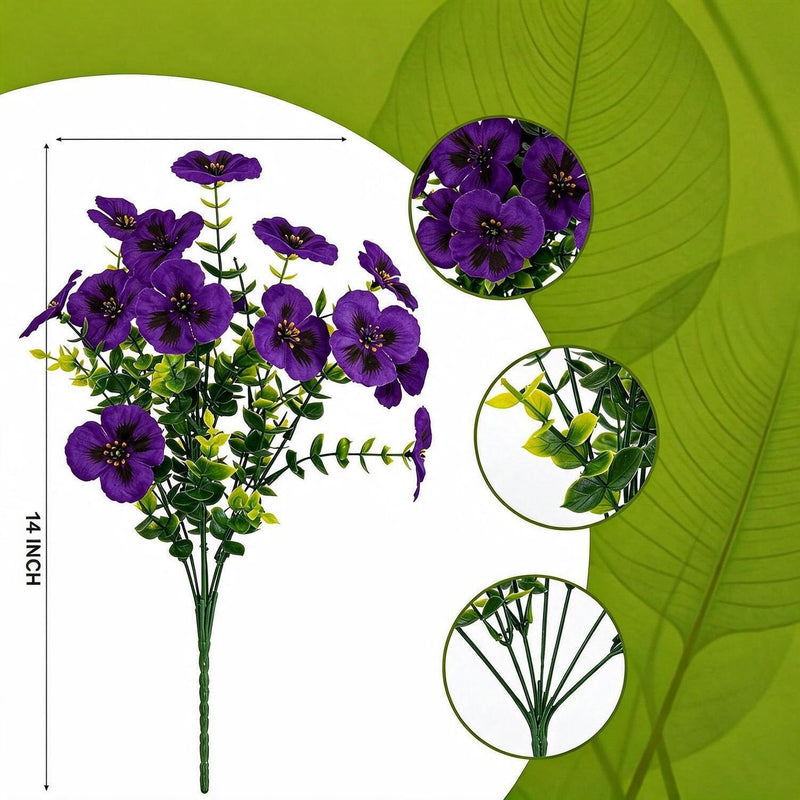 Artificial Pansy Bush Set of 4 with Eucalyptus, 14 Branches Each, Faux Silk Fabric, Home, Outdoor & Wedding Decor