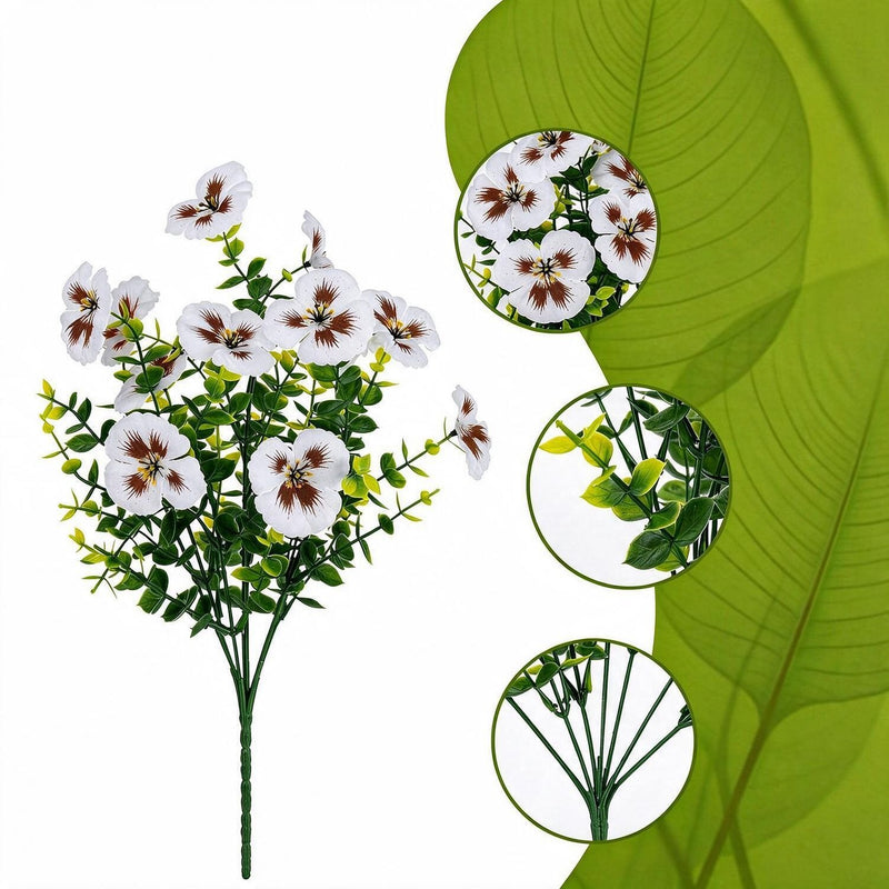 Artificial Pansy Bush Set of 4 with Eucalyptus, 14 Branches Each, Faux Silk Fabric, Home, Outdoor & Wedding Decor