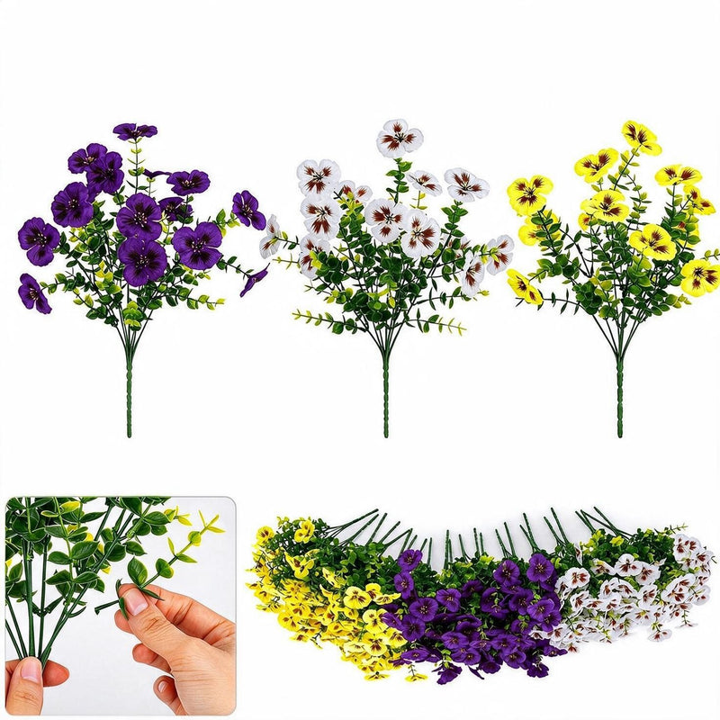 Artificial Pansy Bush Set of 4 with Eucalyptus, 14 Branches Each, Faux Silk Fabric, Home, Outdoor & Wedding Decor