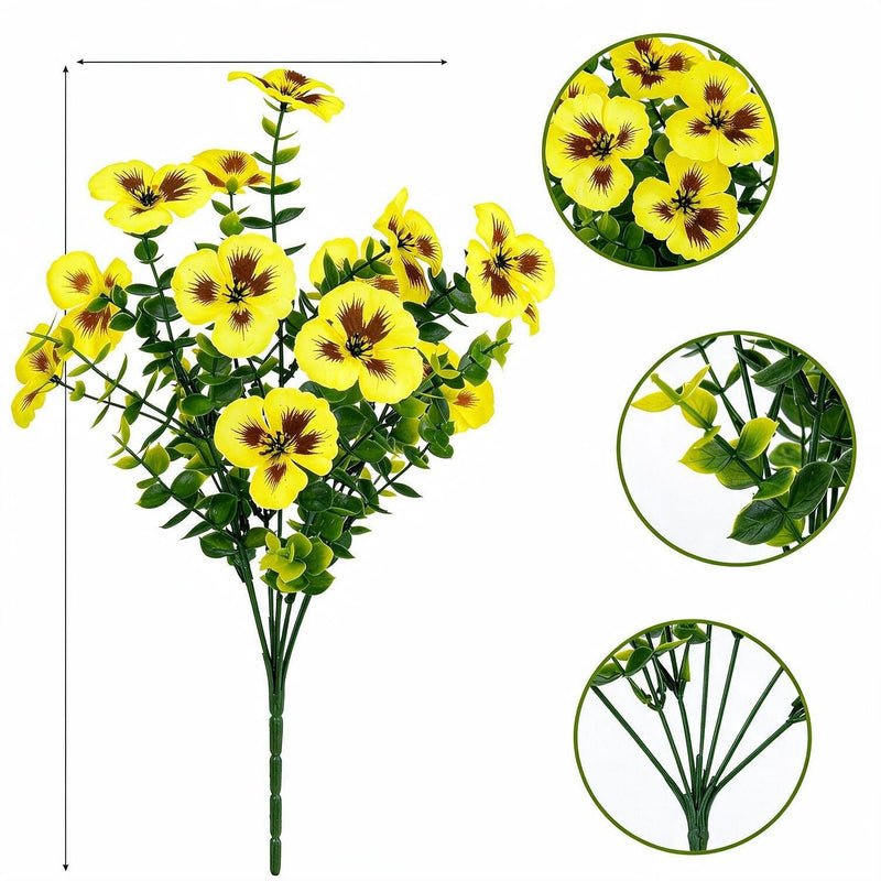Artificial Pansy Bush Set of 4 with Eucalyptus, 14 Branches Each, Faux Silk Fabric, Home, Outdoor & Wedding Decor