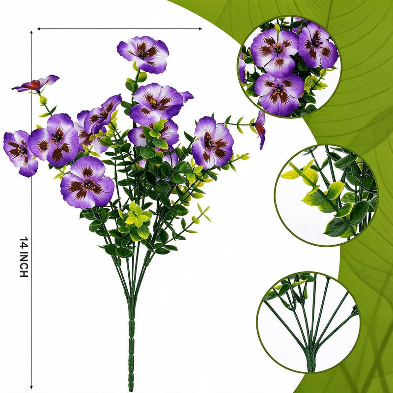 Artificial Pansy Bush Set of 4 with Eucalyptus, 14 Branches Each, Faux Silk Fabric, Home, Outdoor & Wedding Decor