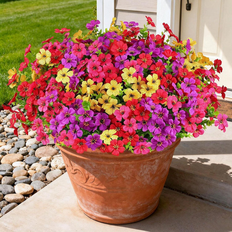 Artificial Violet Bush, 7-Branch 21-Bloom Faux Flowers with Eucalyptus, Rustic Home & Wedding Decor