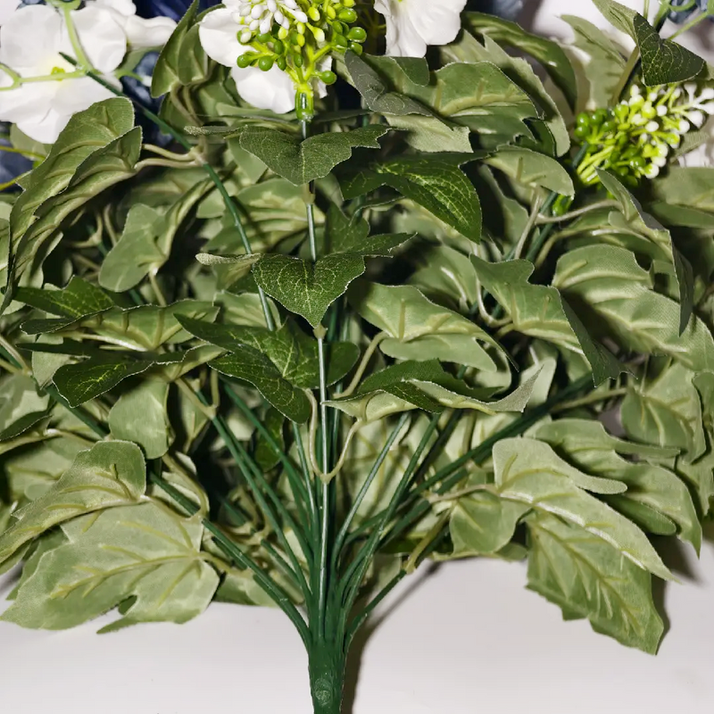 Dusty Blue Artificial Peony Hydrangea Chrysanthemum Bush with 24 Blooms, Metal Vase Included, Fall Winter Home Decor