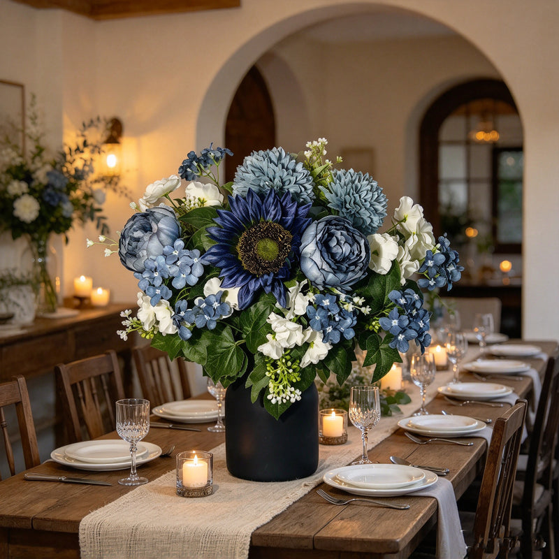 Dusty Blue Artificial Peony Hydrangea Chrysanthemum Bush with 24 Blooms, Metal Vase Included, Fall Winter Home Decor