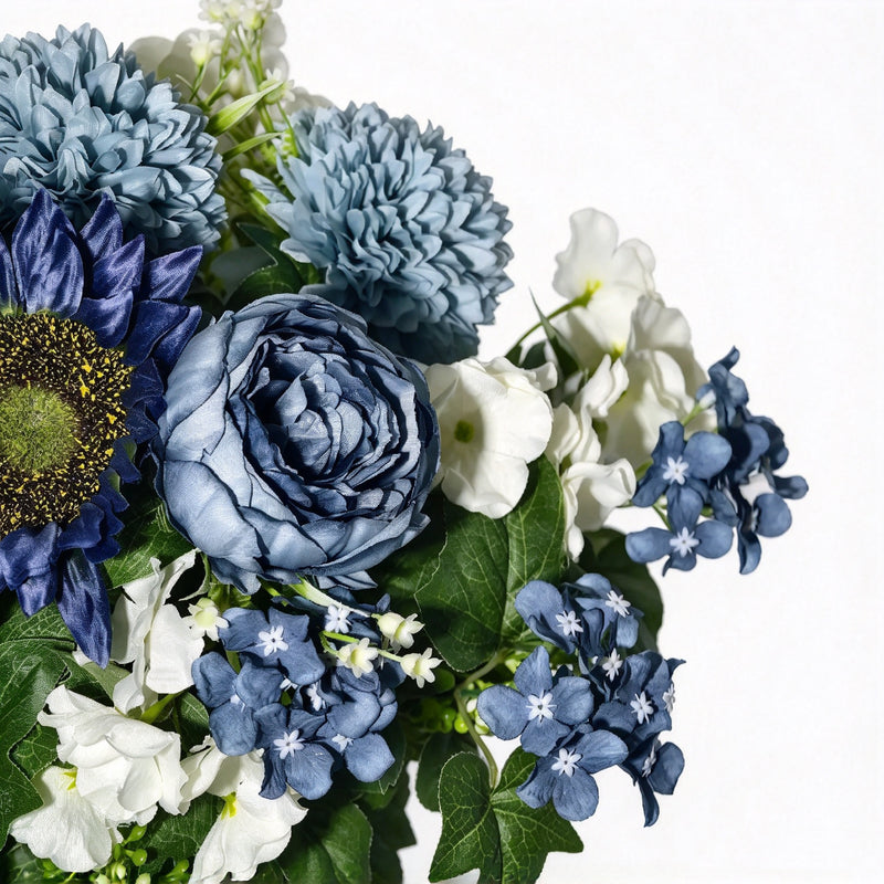 Dusty Blue Artificial Peony Hydrangea Chrysanthemum Bush with 24 Blooms, Metal Vase Included, Fall Winter Home Decor