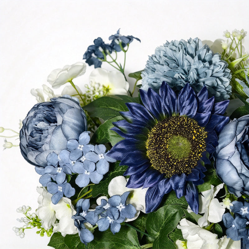Dusty Blue Artificial Peony Hydrangea Chrysanthemum Bush with 24 Blooms, Metal Vase Included, Fall Winter Home Decor