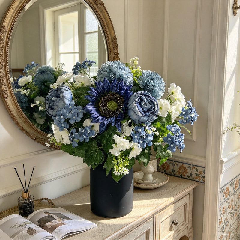 Dusty Blue Artificial Peony Hydrangea Chrysanthemum Bush with 24 Blooms, Metal Vase Included, Fall Winter Home Decor