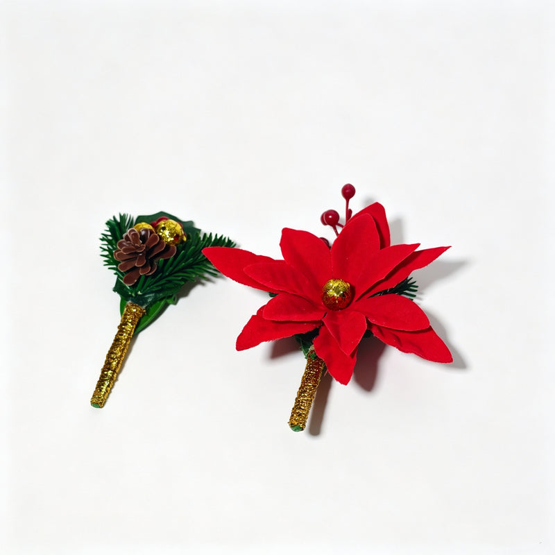 Christmas Boutonniere, Poinsettia or Holly with Pine Cone and Gold Ball, Artificial Flower Lapel Pin for Holiday Weddings & Parties