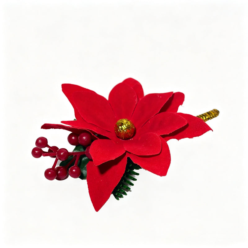 Christmas Boutonniere, Poinsettia or Holly with Pine Cone and Gold Ball, Artificial Flower Lapel Pin for Holiday Weddings & Parties