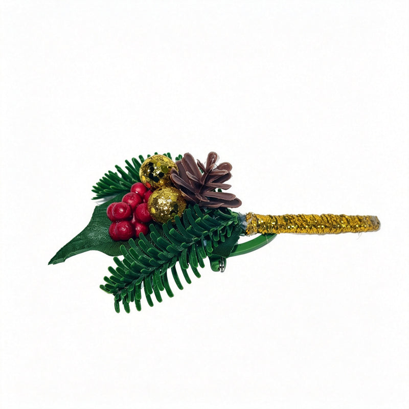 Christmas Boutonniere, Poinsettia or Holly with Pine Cone and Gold Ball, Artificial Flower Lapel Pin for Holiday Weddings & Parties