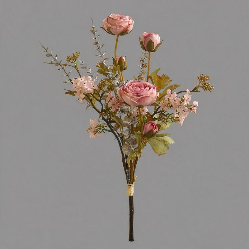 Artificial Ranunculus Bouquet, 5 Flower Heads, Vintage Burnt-Edge Faux Silk Stems, Home & Window Display