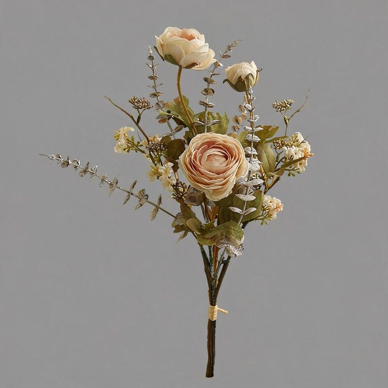 Artificial Ranunculus Bouquet, 5 Flower Heads, Vintage Burnt-Edge Faux Silk Stems, Home & Window Display