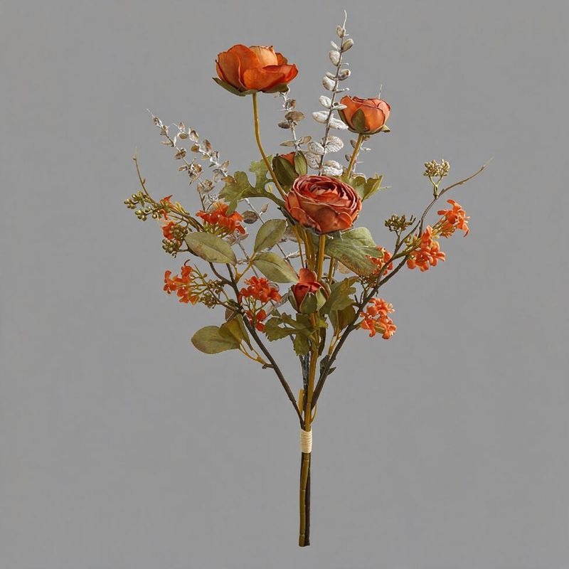 Artificial Ranunculus Bouquet, 5 Flower Heads, Vintage Burnt-Edge Faux Silk Stems, Home & Window Display
