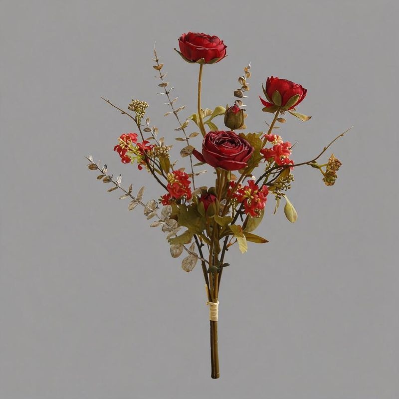 Artificial Ranunculus Bouquet, 5 Flower Heads, Vintage Burnt-Edge Faux Silk Stems, Home & Window Display