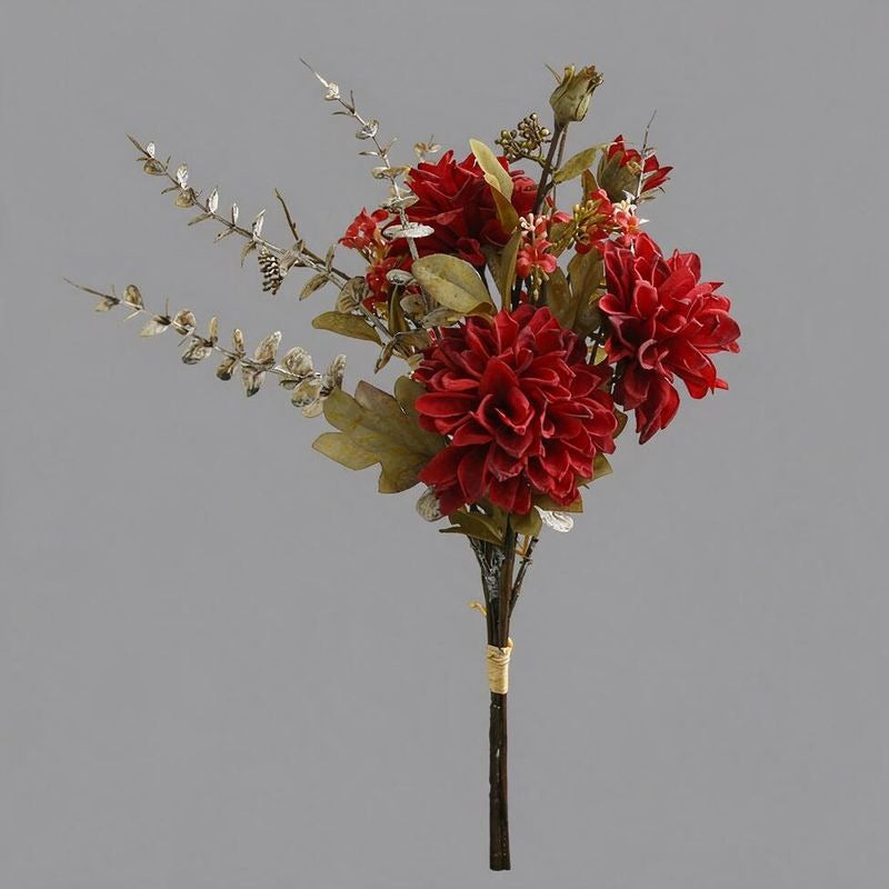 Artificial Dahlia Bouquet, 3-Bloom Faux Silk Flowers, Autumn Burnt-Edge Petals, Home & Event Decor