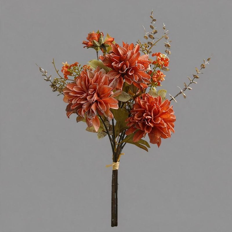 Artificial Dahlia Bouquet, 3-Bloom Faux Silk Flowers, Autumn Burnt-Edge Petals, Home & Event Decor